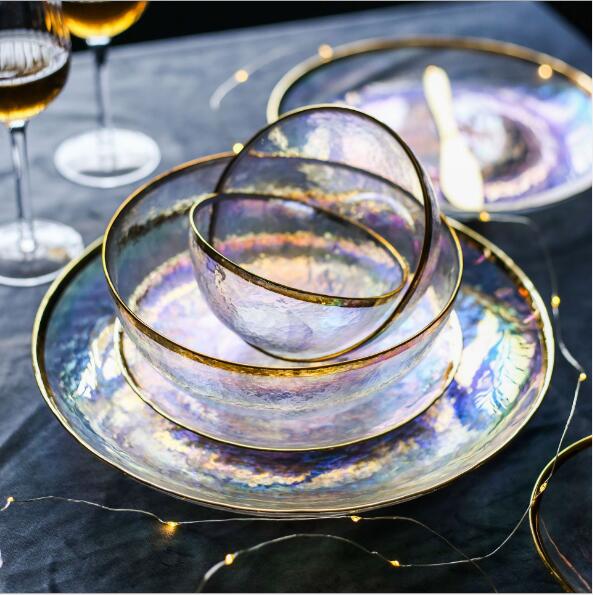 Dinner plates glitter gold plated glass tableware electroplated Dishes household steak dish