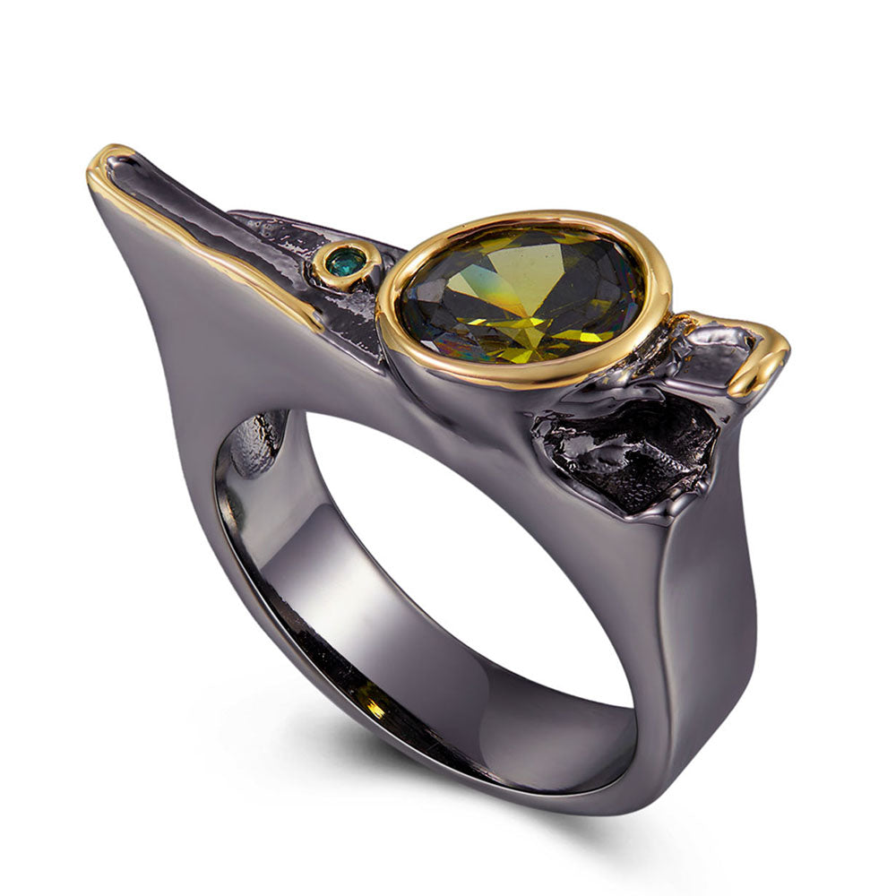 Irregular Long shape Cool ring Gun Black Jewelry Green Stone Cocktail party Rings Girl Jewellery