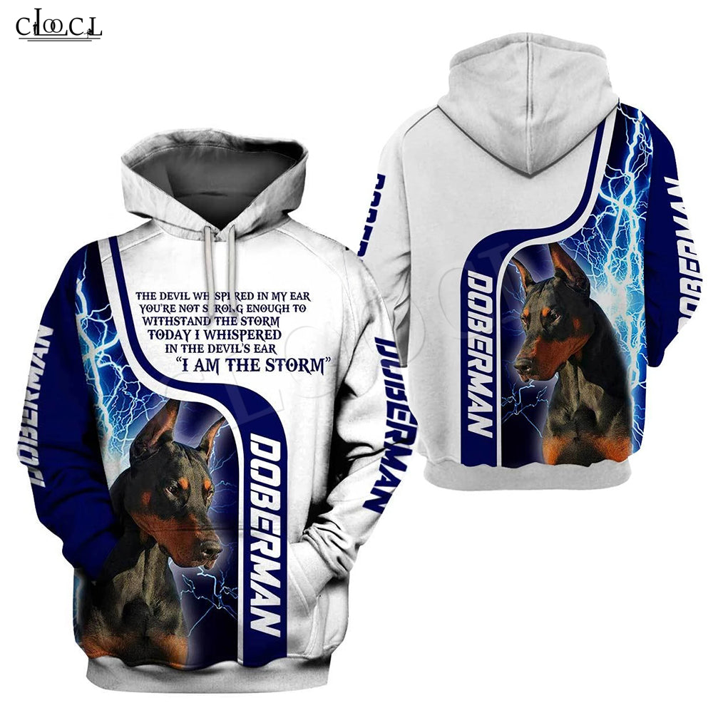 fashion animal i am a storm doberman dog hoodie men women 3d print cute pet dog designs casual hooded coat
