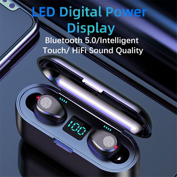 F9 TWS Bluetooth Earphones 5.0 Wireless with Headphones Charge Box Sports Headset Ear Buds with Dual Microphone for IPhone -Android 2019