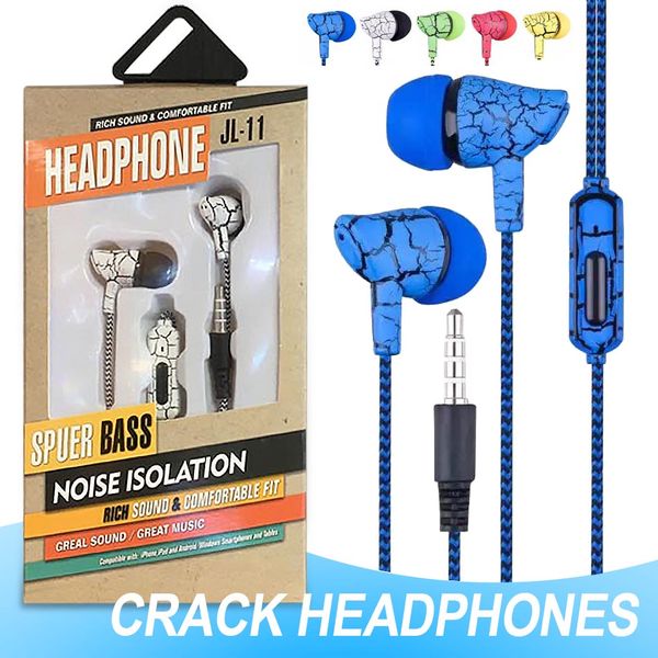 3.5mm Earphones Bass Headsets Stereo Sound Crack Shape In-Ear Headphones wired With Mic Volume Control for Andriod with Retail Box