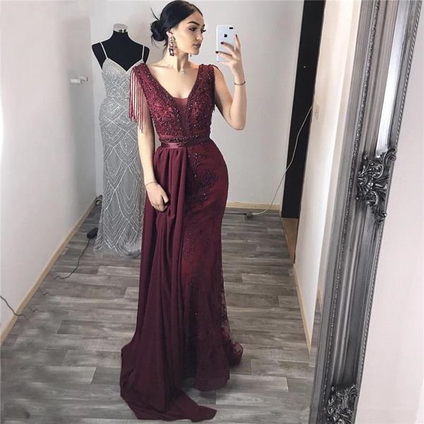 Dubai Wine Red Removable Sashes Prom Dresses 2020 Sleeveless Beading Tassel Luxury elegant evening formal dresses Prom Gowns Abendkleid