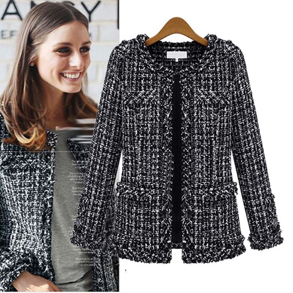 Women Plaid Blazer Jacket Short Sleeve Casual Tweed Outerwear Black Checkered Polyester 2024 Autumn Winter B2