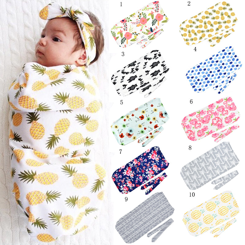 INS Floral printed baby sleeping bags rabbit ears hairband 2pcs set Baby Swaddle Wraps Blankets Baby Photographic Props Swaddling RN8012