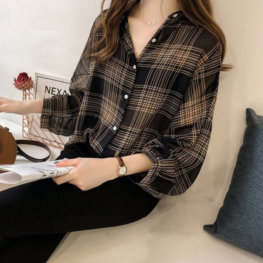 Februaryfrost Fashion Women Plaid OL Tops Blouses Long Sleeve Female Shirt Striped Blusas for Women Plus Size