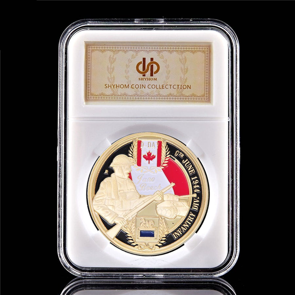 Challenge Coin Great War Normandy Juno Beach 2rd Infantry Division Memorial Gold Plated Souvenir Coin W-Pccb Box