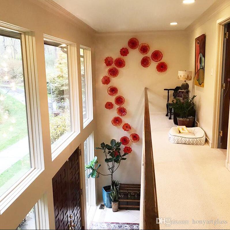 Wholesale Handblown Art Glass Red Orange Murano Glass Decorative Plates Tangerine for Hotel Villa Library House