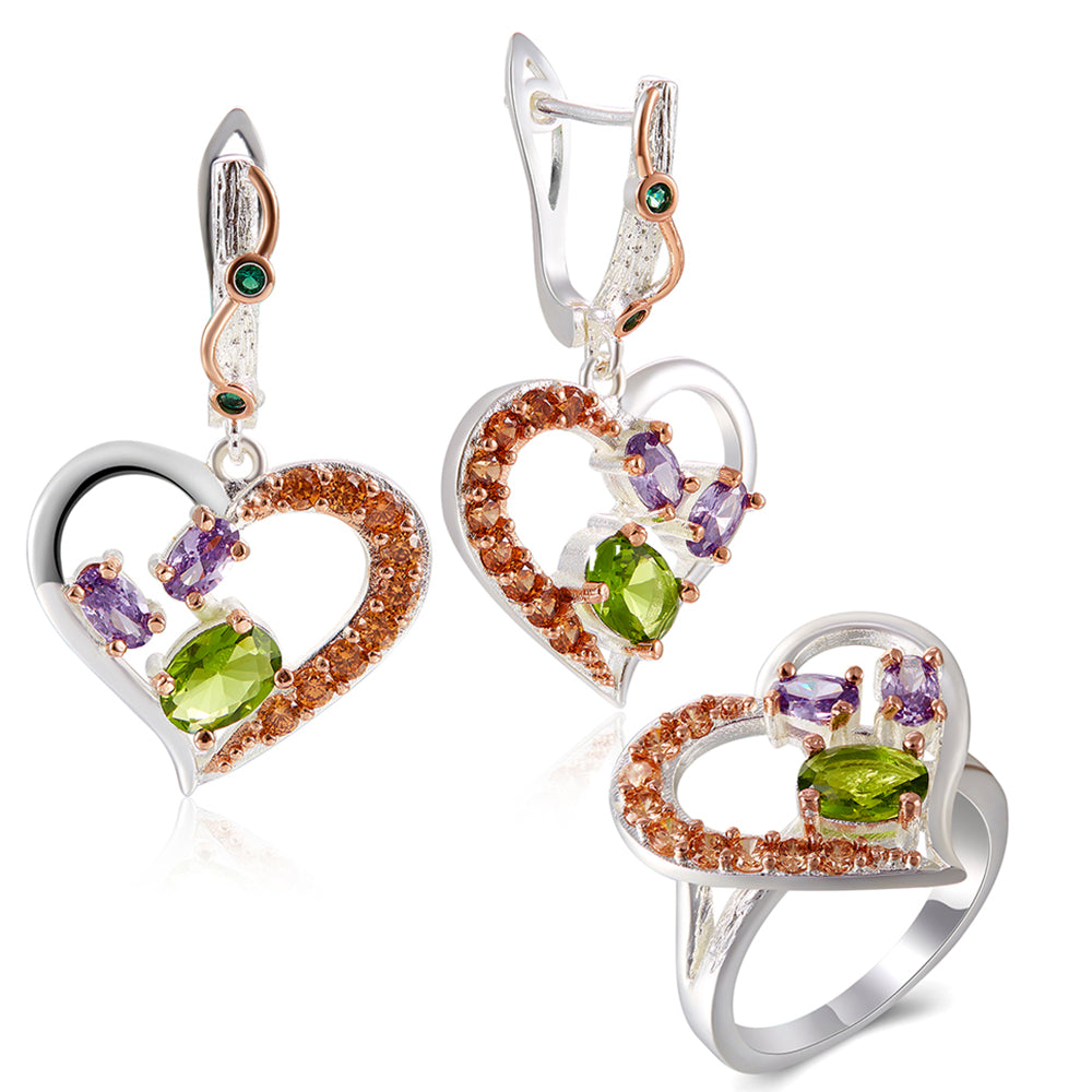 Wedding anniversary Gift for Wife Heart Shape Earrings Ring Jewellery Set Romantic Multi color 2pcs Jewelry Sets