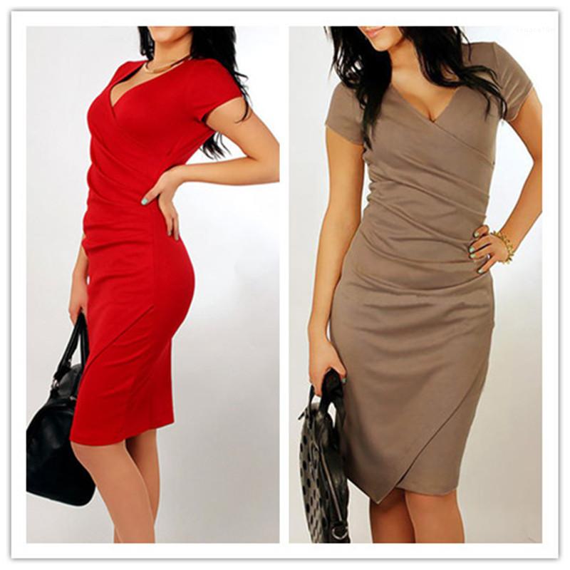 Women Dresses Coffee Black Red Fashion Femme Clothing Office Ladies Elegant Short Sleeve Dress Slim Wrap Hip Asymmetrical Summer