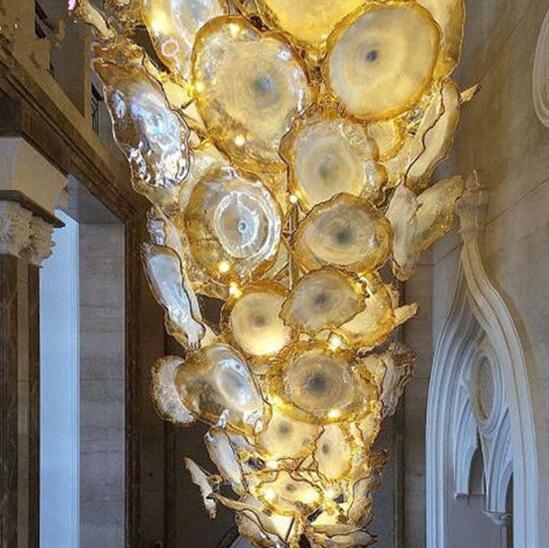 Staircase Luxury Golden Flower Chandeliers Lamp Lights LED Saving Light Source Murano Glass Plates Art Lamps Arab Crystal Chandelier