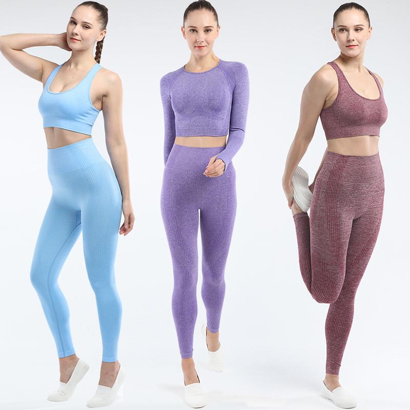 European and American Seamless Long-sleeved Fitness Women&#039;s Yoga Suit Suit Sports Bra Stretch Yoga Pants Tight