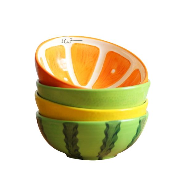 Set of 4 Cute Fruit Design Ceramic Bowls Kids Dinnerware Gift 5 inch for Cereal Rice Soup Lime Lemon Orange Watermelon