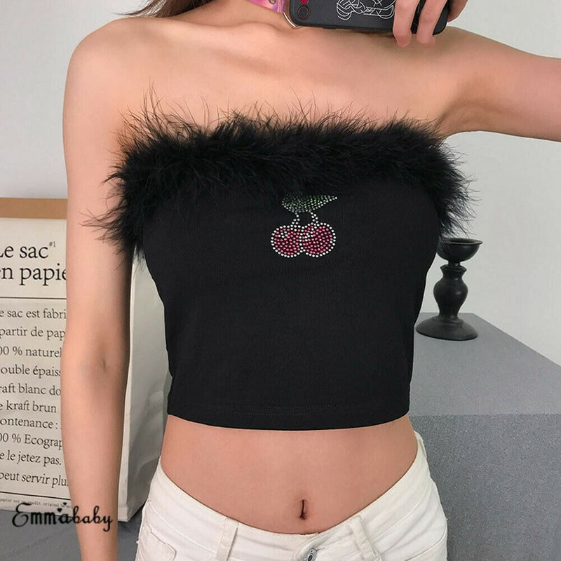 Februaryfrost 2020 Women Cherry Print Strapless Fur Tanks Tops Tank Ladies Bustier Casual Off Shoulder Crop Tops T-Shirt Party Clubwear