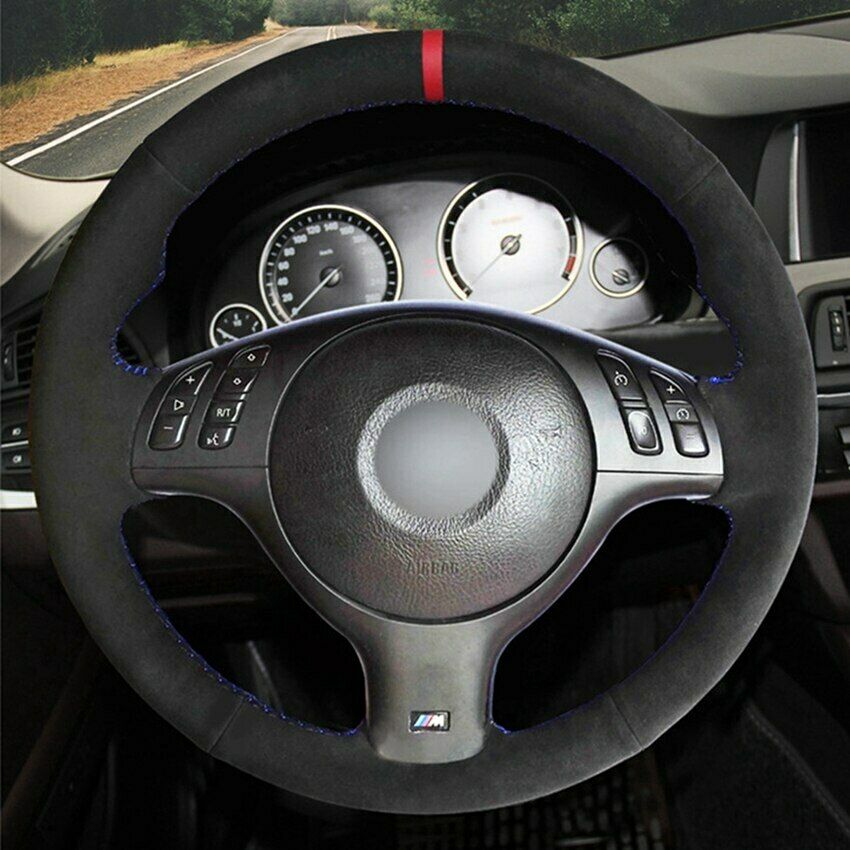 Black Suede DIY Hand sewing Steering Wheel Cover for BMW E39 E46 330i 330Ci 525i 530i 540i M3