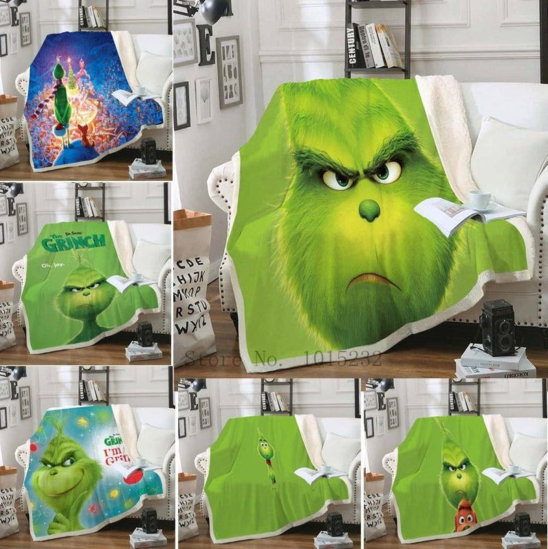 CLOOCL Grinch Stole Christmas 3D Printed Sherpa Blanket Quilt Cover Travel Bedding Outlet Velvet Plush Throw Fleece Two layer Blankets