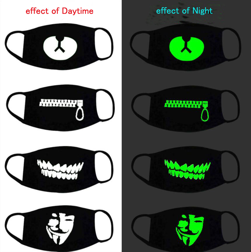 Black Luminous Face Masks Cartoon Anti-Dust Fashion Personality Teeth Glow Cotton Mouth Mask dark in Night Halloween Cosplay
