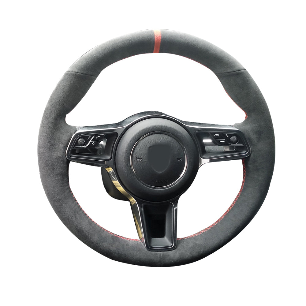 Black Suede Leather Steering Wheel Red Marker&Stitch Wrap Cover Fit For Porsche Cayenne 2015-2016