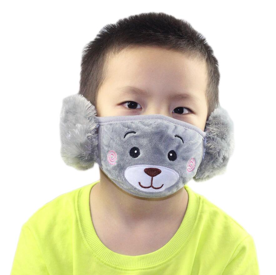 Cute Child Cartoon Bear Face Mask With Plush Ear Protective Thick And Warm Kids Mouth Masks Winter Mouth-Muffle For Party Favors 6 Colors