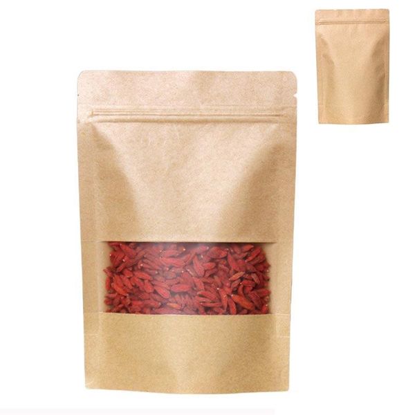 Reusable Grocery Bags Stand Up Food Pouches Kraft Paper Bags with Matt Window FDA Barrier Bags for Beans Candy