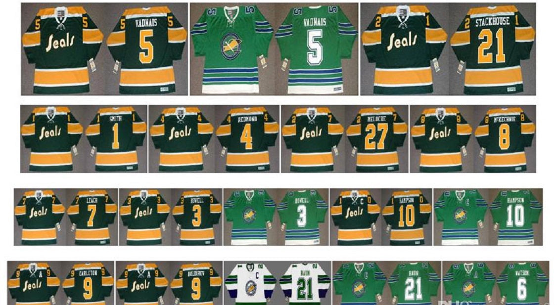 Vintage Oakland Seals Jerseys 7 REGGIE LEACH 5 CAROL VADNAIS 21 RON STACKHOUSE 1 GARY SMITH 4 DICK REDMOND 8 WALT McKECHNIE Custom Hockey