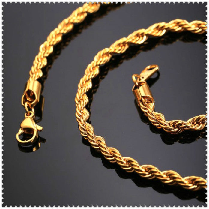 Hip Hop 18K Gold Plated Stainless Steel 3MM Twisted Rope Chain Women&#039;s Choker Necklace for Men Hiphop Jewelry Gift in Bulk