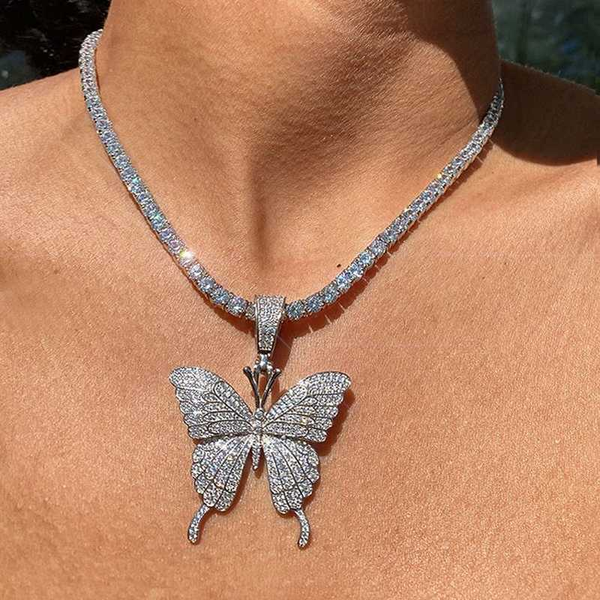 Silver Rose Gold Cubic Zirconia Bling Out Butterfly Necklaces Pink Pinky 5MM CZ Tennis Chain Women Hip Hop choker Jewelry