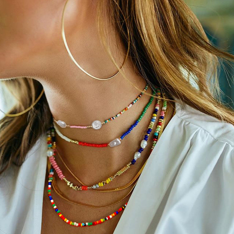 Bohemian National style necklace choker handmade versatile multi-layer colorful rice beads necklace female
