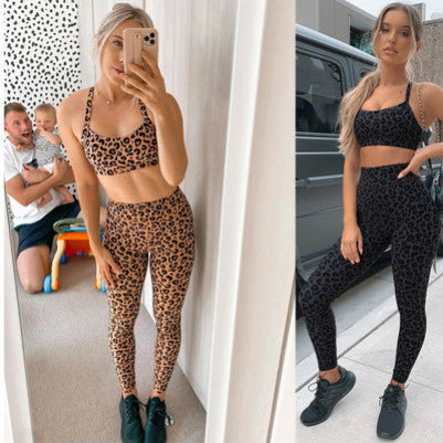 Womens Yoga Suit New Yoga Clothing Tight Running Fitness Sports Leopard Print Set Ladies Fitness Clothing Two Piece Tracksuit Hot Sale
