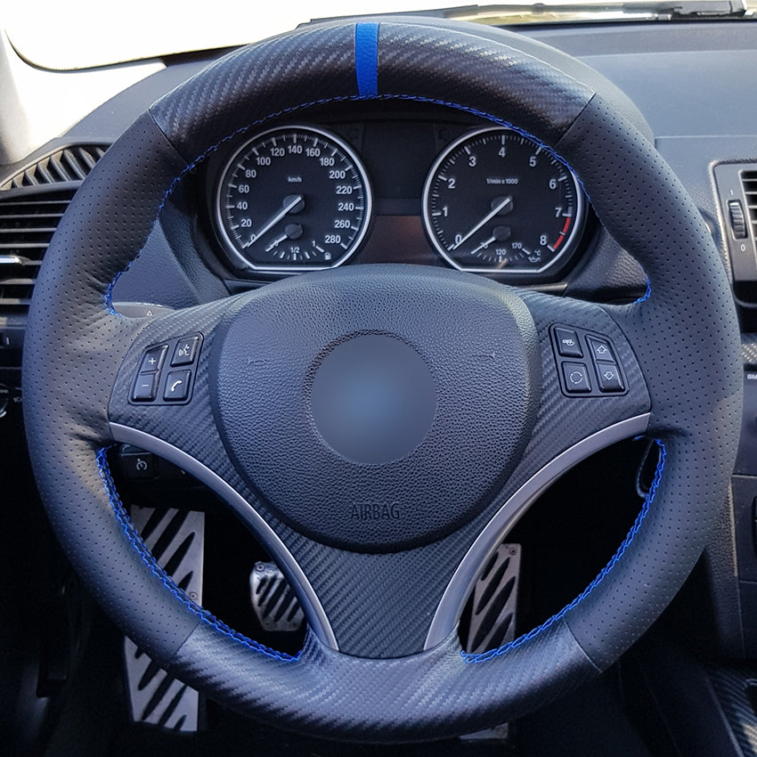 Hand sewing custom Carbon Fiber Leather Black Leather Blue Marker Car Steering Wheel Cover for BMW E90 320i 325i 330i 335i E87