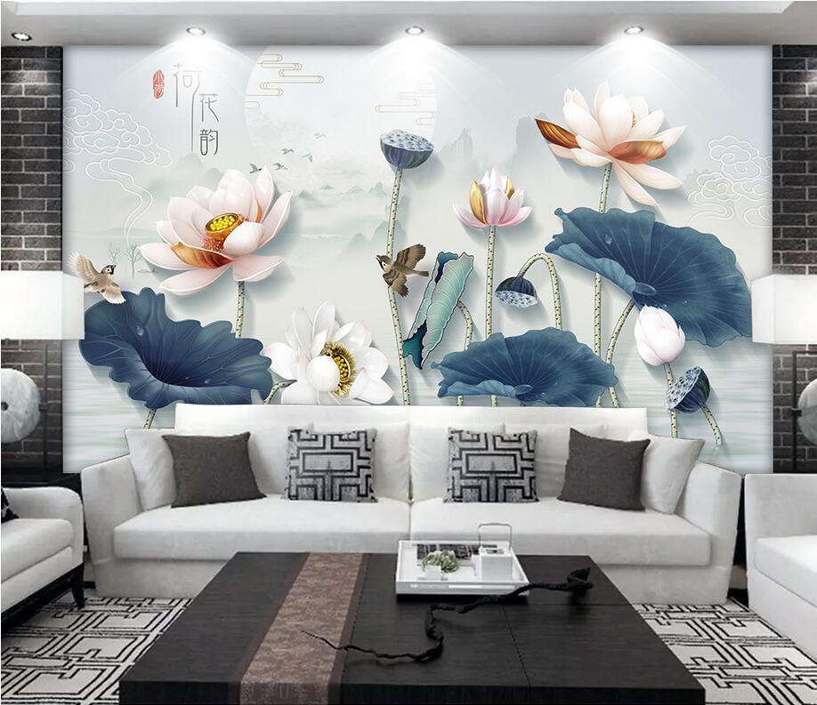 3d room wallpaper cloth custom photo 3D lotus nine fish pens flowers and birds wallpaper for walls 3 d print fabric wall covering