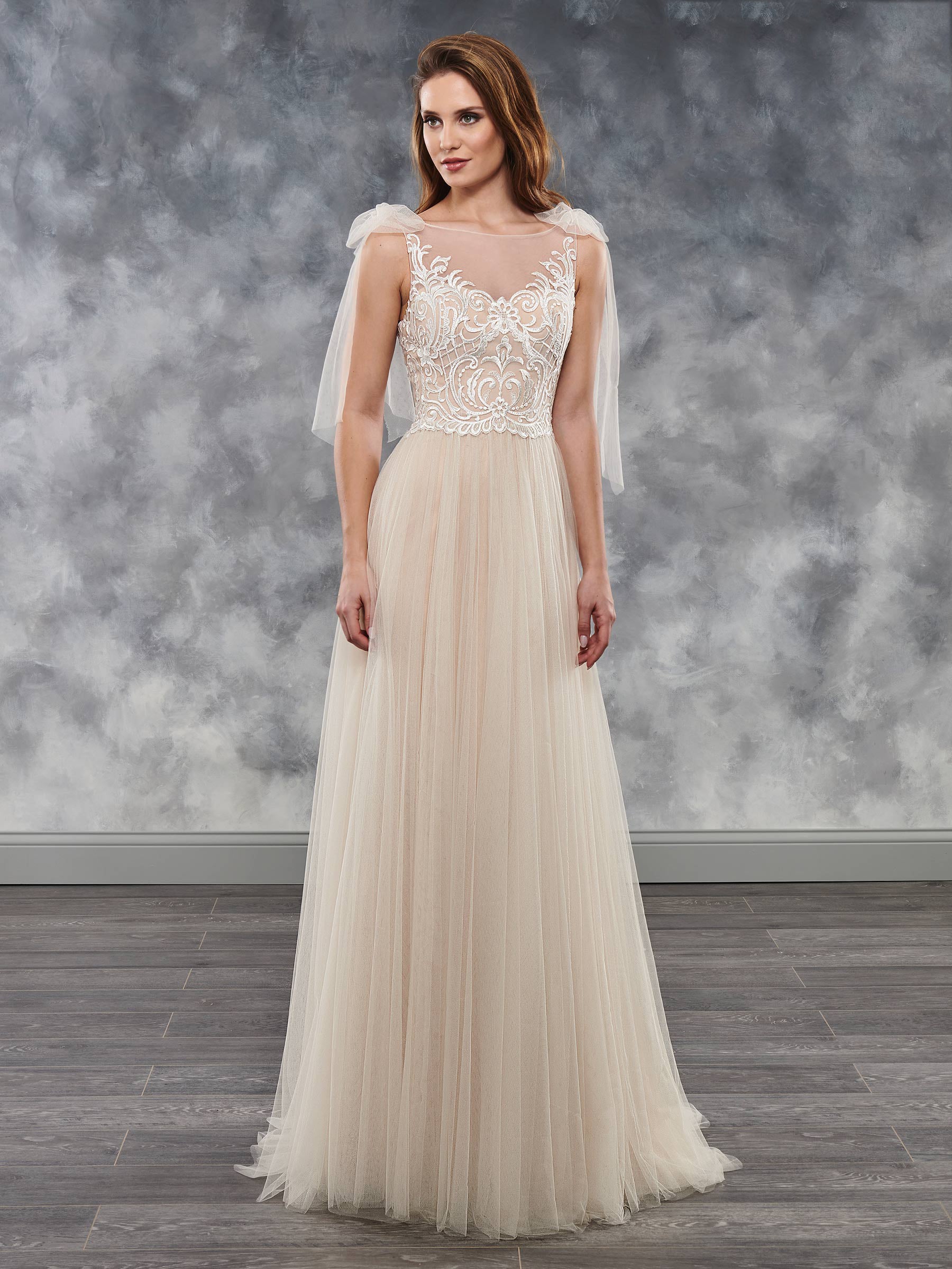 Elegant Champagne Tulle Scoop Applique Sheath Wedding Dresses Bridal Pageant Dresses Wedding Attire Dresses Custom Size 2-18 KF1219202