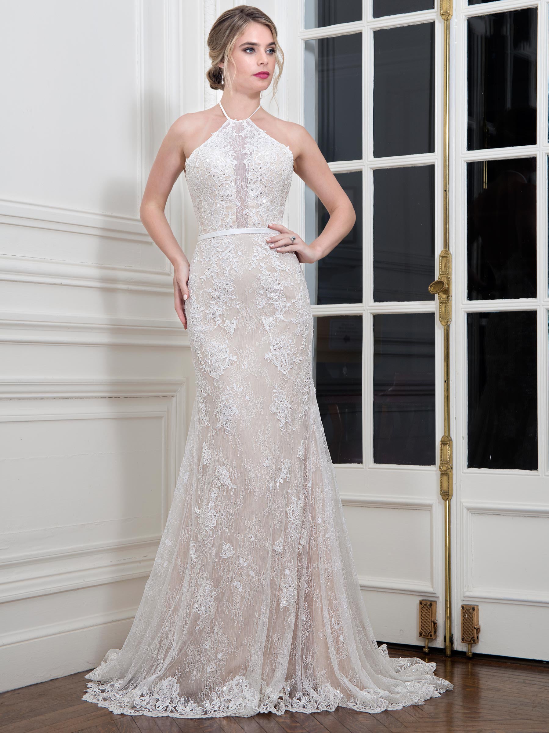 Grace Ivory-Champagne Halter Lace Applique Sheath Wedding Dresses Bridal Pageant Dresses Wedding Attire Dresses Custom Size 2-18 KF1219206