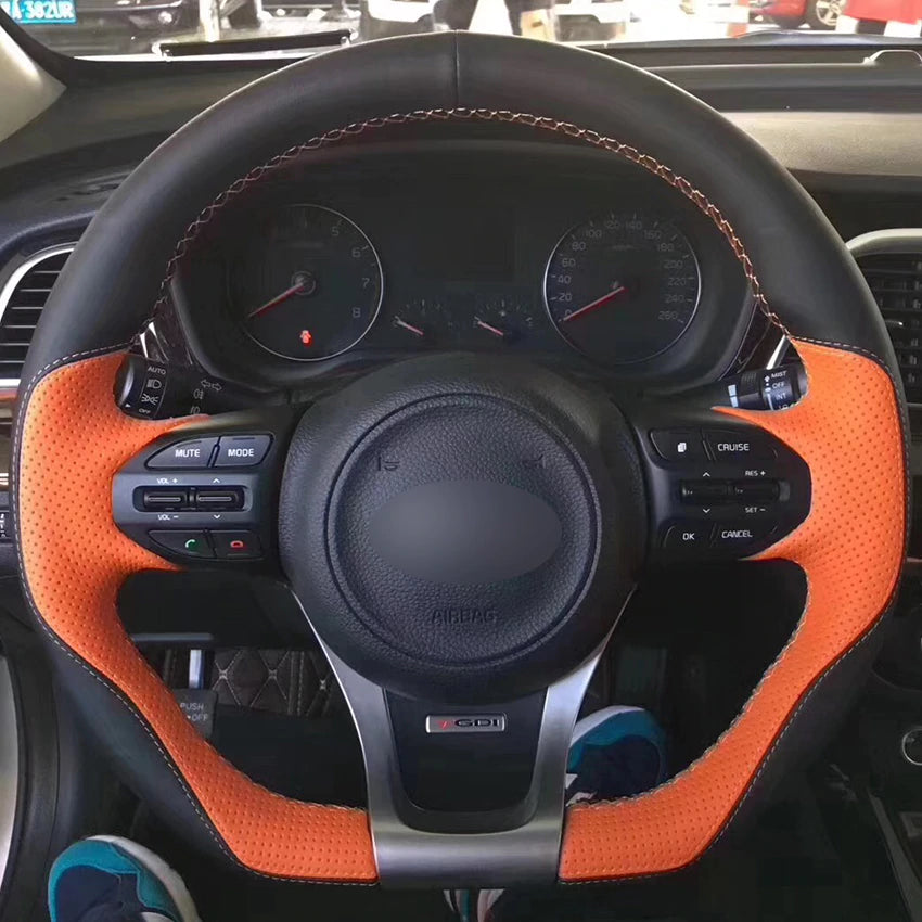 Black Leather Black Suede Orange Leather Car Steering Wheel Cover for Kia K5 Optima 2014 2015