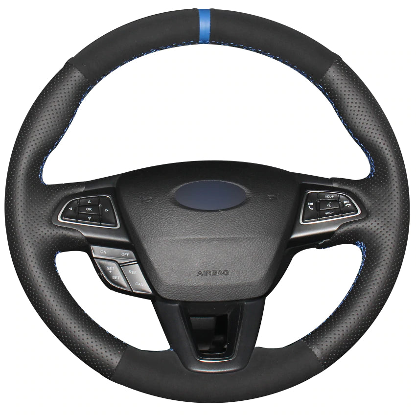 Black Natural Leather Black Suede Blue Marker Steering Wheel Cover for Ford Focus 3 2015-2018 Kuga 2016-2018 Escape 2016-2018