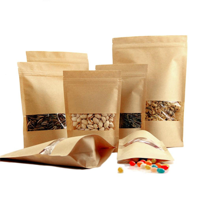 Reusable Kraft Paper Self-Seal Zipper Bags with Clear Window for Dried Fruits & Nuts - 10x15 cm