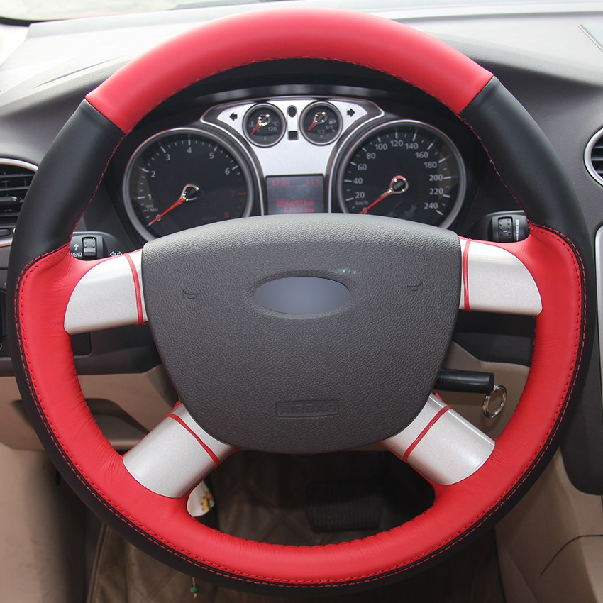 Black Natural Leather Red Natural Leather Car Steering Wheel Cover for Ford Kuga 2008-2011 Ford Focus 2 2005-2011