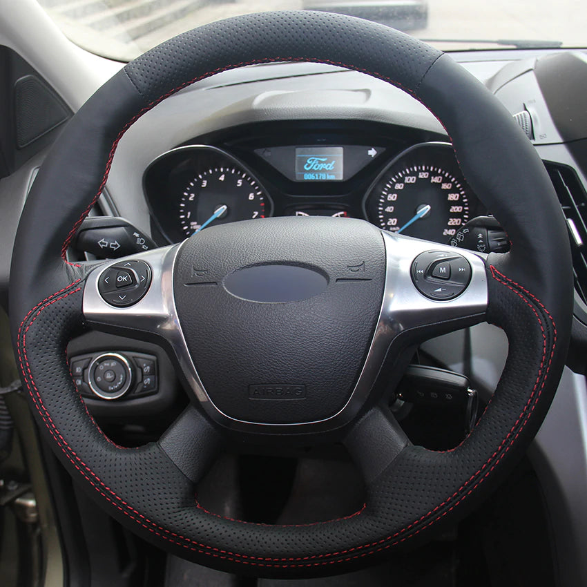 Black Natural Leather Car Steering Wheel Cover for Ford Focus 3 2012-2014 KUGA Escape 2013-2016