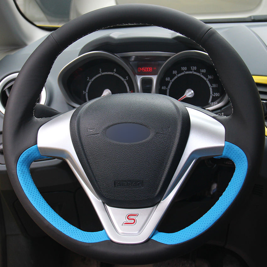 Black Natural Leather Light Blue Natural Leather Car Steering Wheel Cover for Ford Fiesta 2008-2013 Ecosport 2013-2016