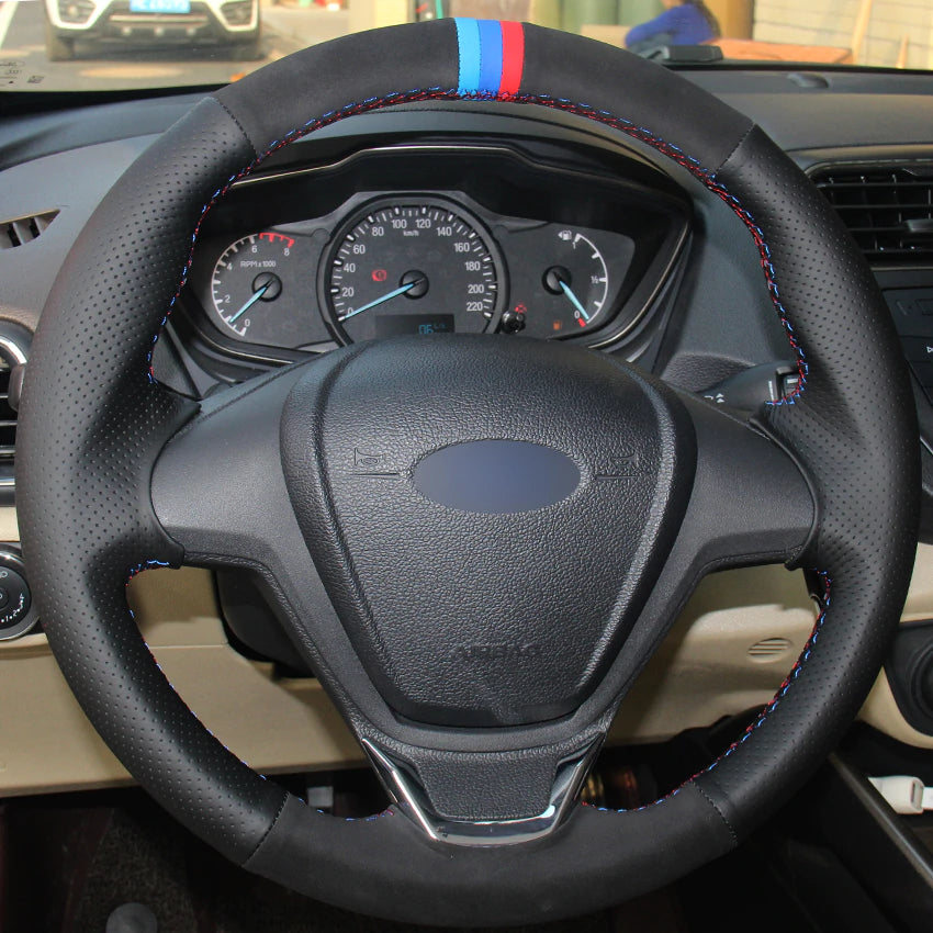 Black Natural Leather Black Suede Light Blue Blue Red Marker Steering Wheel Cover for Ford Fiesta 2008-2013 Ecosport 2013-2016
