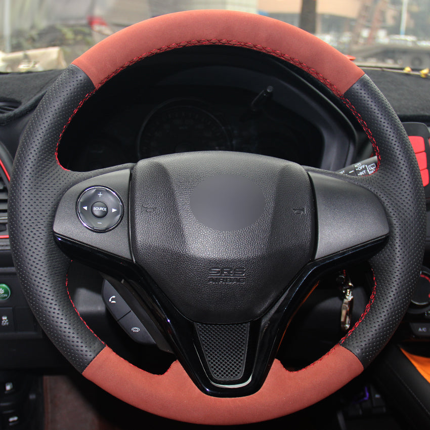 Black Natural Leather Brown Suede Car Steering Wheel Cover for Honda New Fit City Jazz 2014 2015 HRV HR-V 2016 Vezel 2015-2017