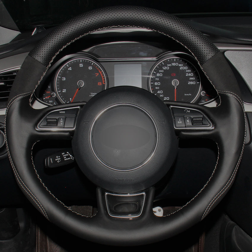 Black Natural Leather Black Suede Car Steering Wheel Cover for Audi A1 A3 A5 A7
