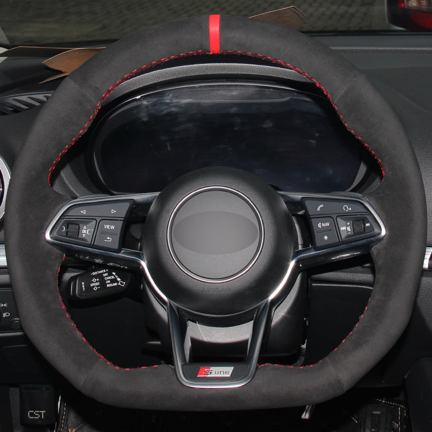 Black Suede Red Marker Car Steering Wheel Cover for Audi TT 2017