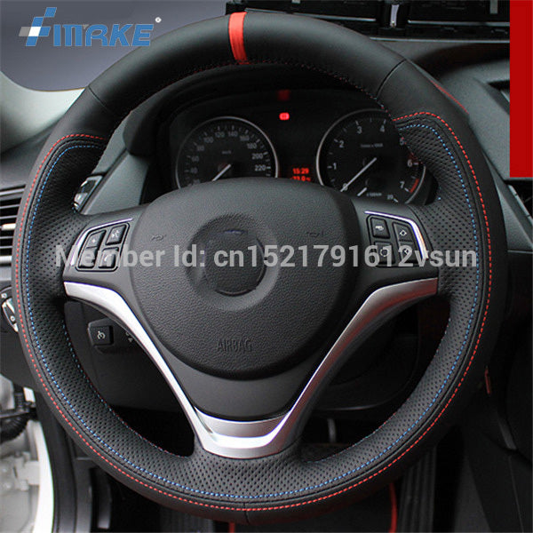 For BMW X1 High Quality Hand-stitched Anti-Slip Black Leather Blue Red Thread DIY Steering Wheel Cover