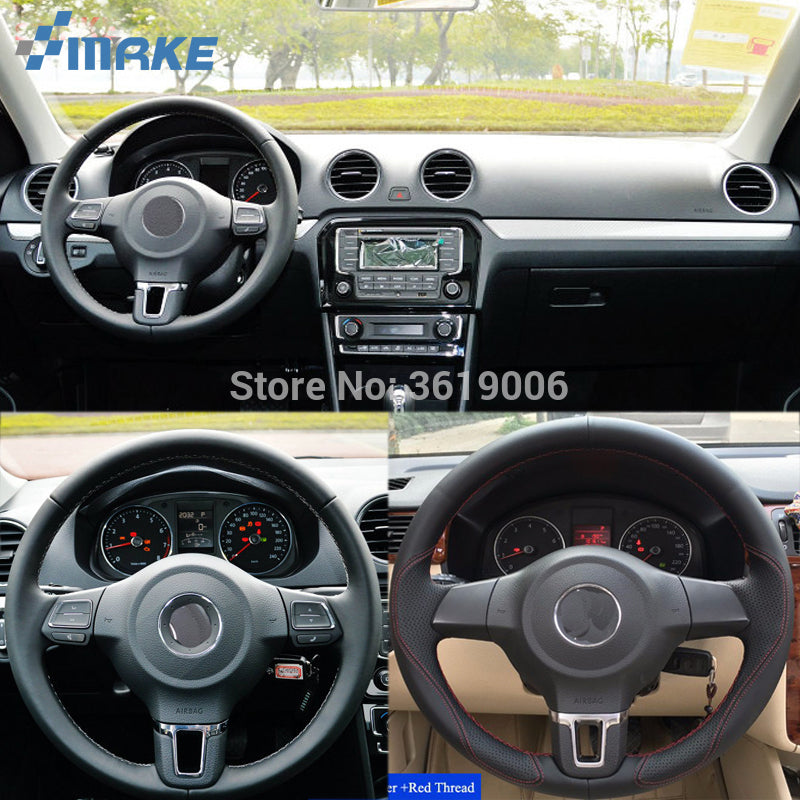smRKE For VW Golf 6 Polo Sagitar Bora Santana Jetta Hand-stitched Anti-Slip Black Leather Red Thread DIY Steering Wheel Cover