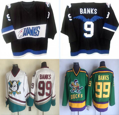 Men&#039;s Vintage Mighty Ducks Movie Jersey Hawks 9 Adam Banks Stitched Embroidery Hockey Jerseys Black White Green Fast Shipping Size S-XXXL