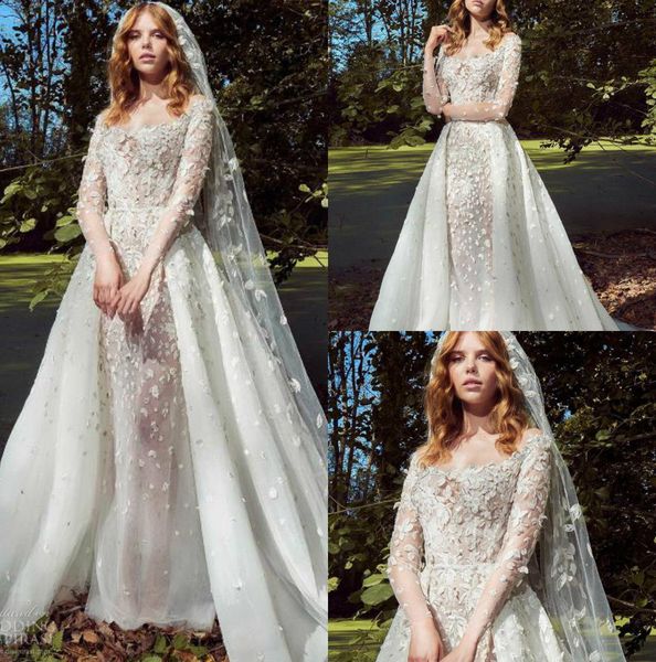 Zuhair Murad Wedding Dresses 2019 With Overskirts Long Sleeves Lace Bridal Gowns Scoop Neck Sweep Train Plus Size Wedding Dress Custom