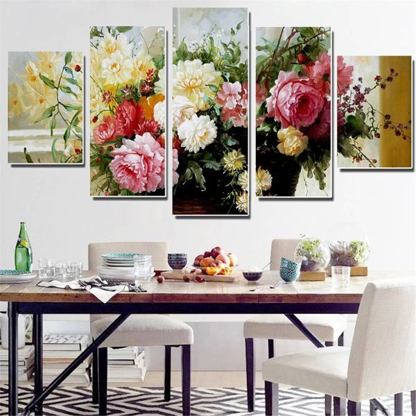 5pcs Oil Painting Colorful Flowers Modular Canvas Picture Wall Poster Home Decoration Print on Canvas for Wall Decor (No Frame)