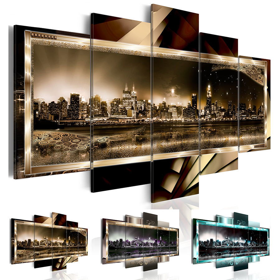 5 Pcs-set Canvas Print (No Frame) Abstract New York City Landscape Night View Wall Decoration Canvas Painting for Living Room Gifts for Frie