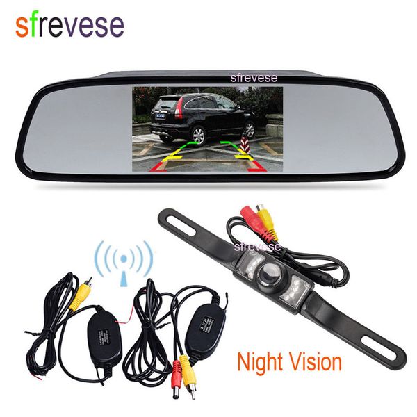 4.3&quot; Car TFT LCD Mirror Monitor + Wireless Reverse Car IR Rear View Backup Camera Kit Free Shipping