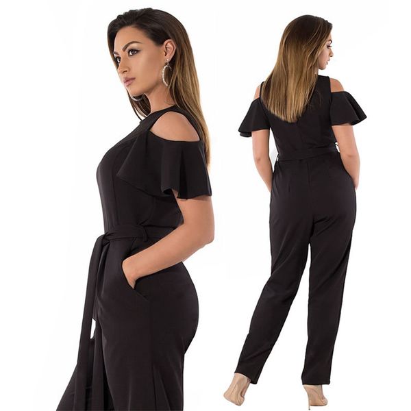 2019 Summer Fashion Ruffles Short Sleeve Jumpsuits Plus Size Redwine 5XL 6XL Women Off-shoulder Sashes Rompers Big Size Overalls 1176